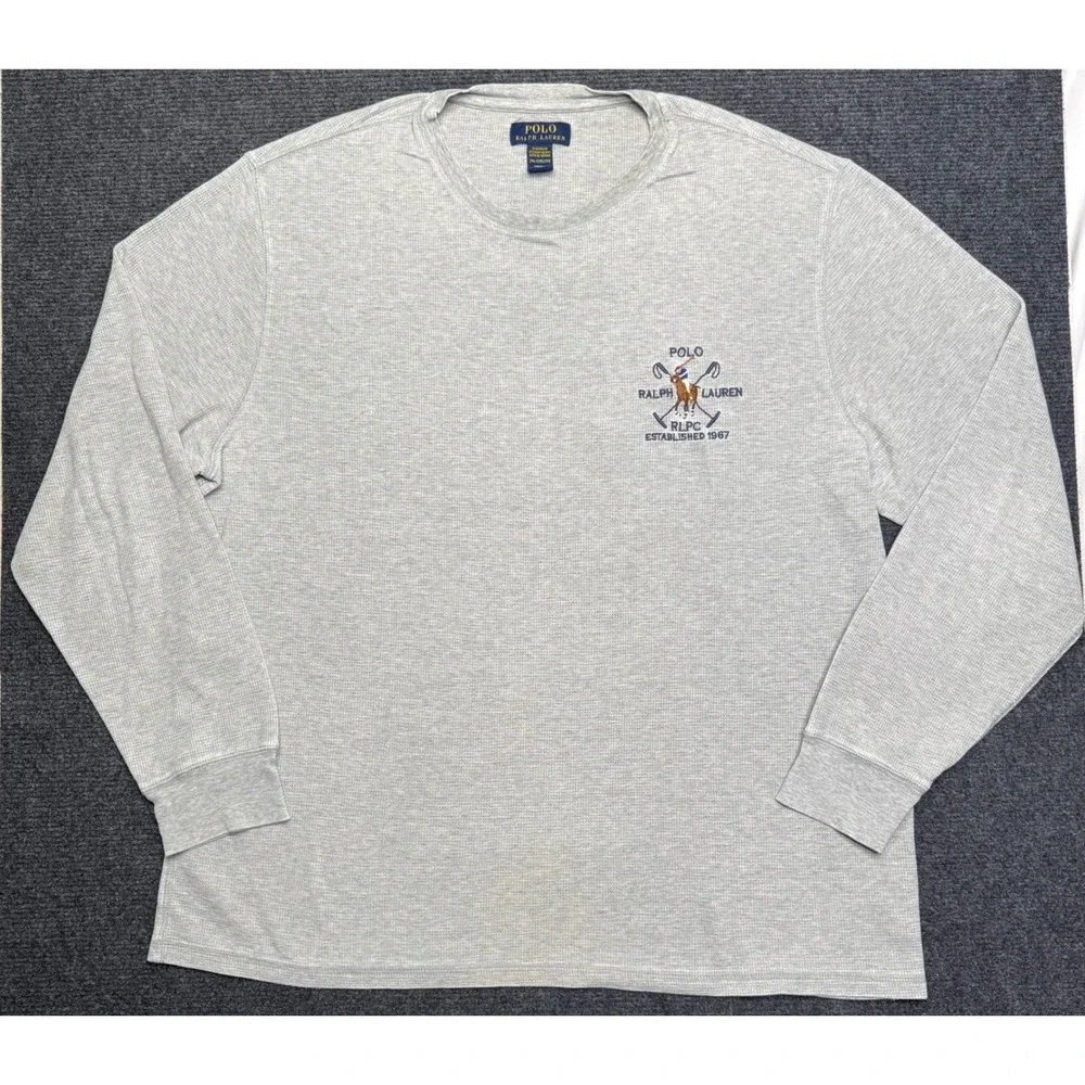Polo Ralph Lauren Mens 2XL Grey Waffle Knit Long Sleeve Sleep Shirt RLPC‎ Crest